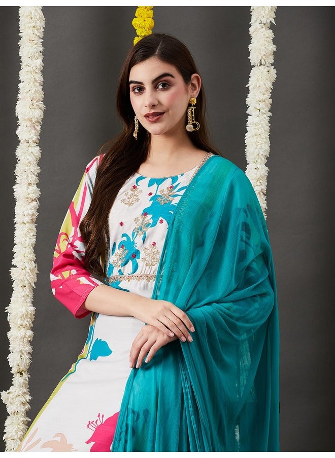 آني ديزاينر - قميص كورتا نسائي من ANNI DESIGNER مطبوع من مزيج القطن مع بنطلون ووشاح (HIBIKI CREAM_M_Cream_Medium) - Image 1