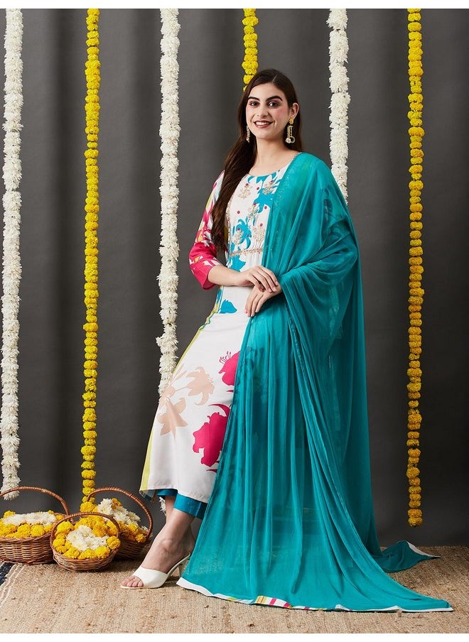 آني ديزاينر - قميص كورتا نسائي من ANNI DESIGNER مطبوع من مزيج القطن مع بنطلون ووشاح (HIBIKI CREAM_M_Cream_Medium) - Image 1