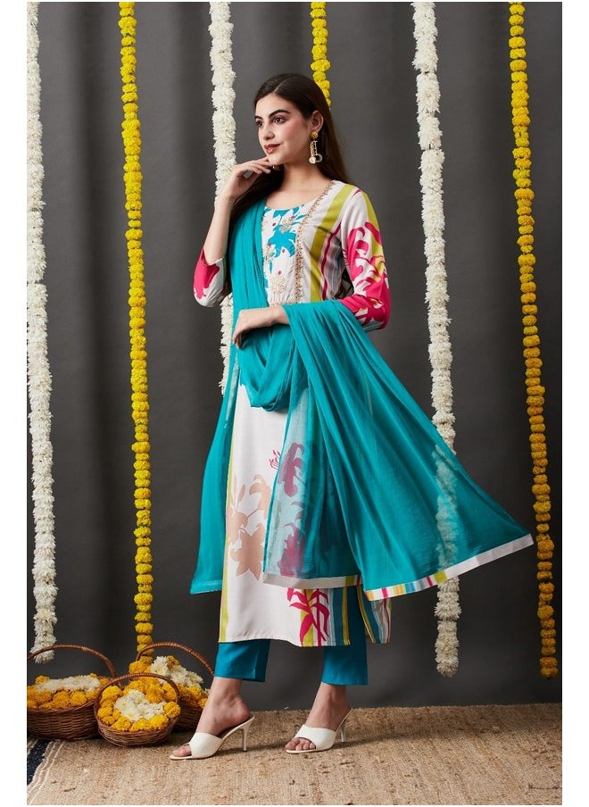 آني ديزاينر - قميص كورتا نسائي من ANNI DESIGNER مطبوع من مزيج القطن مع بنطلون ووشاح (HIBIKI CREAM_M_Cream_Medium) - Image 1