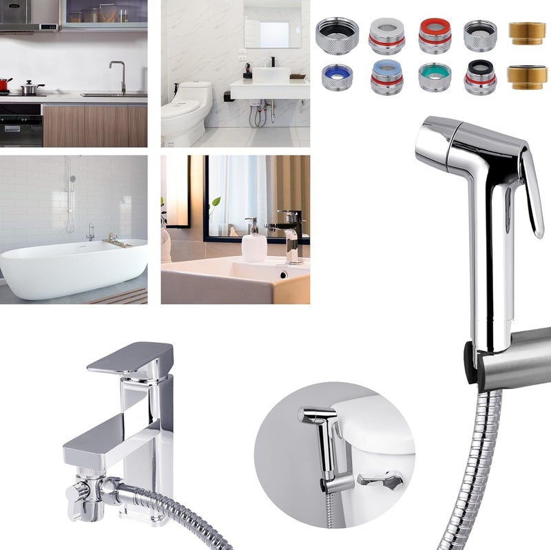 Hibbent Sink Faucet Hose Sprayer Attachment with 10 Adapters - Dual Function Handheld Bidet, Rinser & Shower Head - for Feminine Hygiene, Baby Diaper Cleaning & Pet Bathing - Image 1