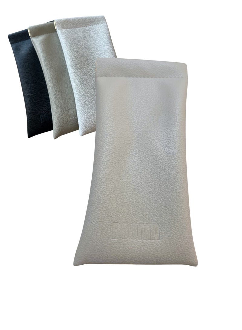 بوما للبصريات حافظات نظارات فاخرة عالية الجودة، ثلاث قطع، مصنوعة من جلد ناعم فاخر، مزودة بفتحة معدنية ذهبية اللون. حقيبة نظارات شمسية للرجال والنساء: لون بيج أنيق، شعار Booma بارز، مثالية لحفظ النظارات أو الأغراض الشخصية أثناء السفر. متوفرة بثلاثة ألوان أنيقة: بيج، أسود، وأبيض. - Image 4