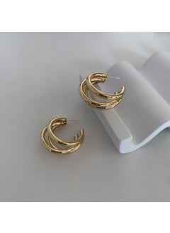 C- shaped Ring Earrings Women Autumn Winter Small Design Ear Clips Fresh Sweet Style Geometric Shape Three-layer Metal Earrings Gold Triple Metal Stud Earrings