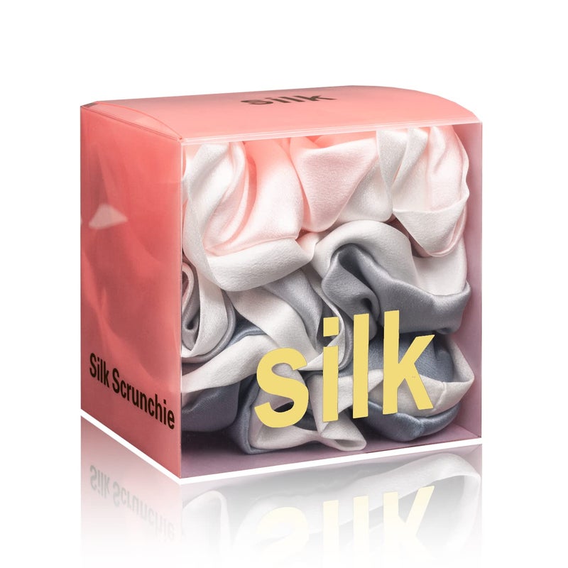 Silmer Silk Scrunchies for Hair Curly Hair 100 Mulberry 3 PackPinkSilvery Grey Haze Blue