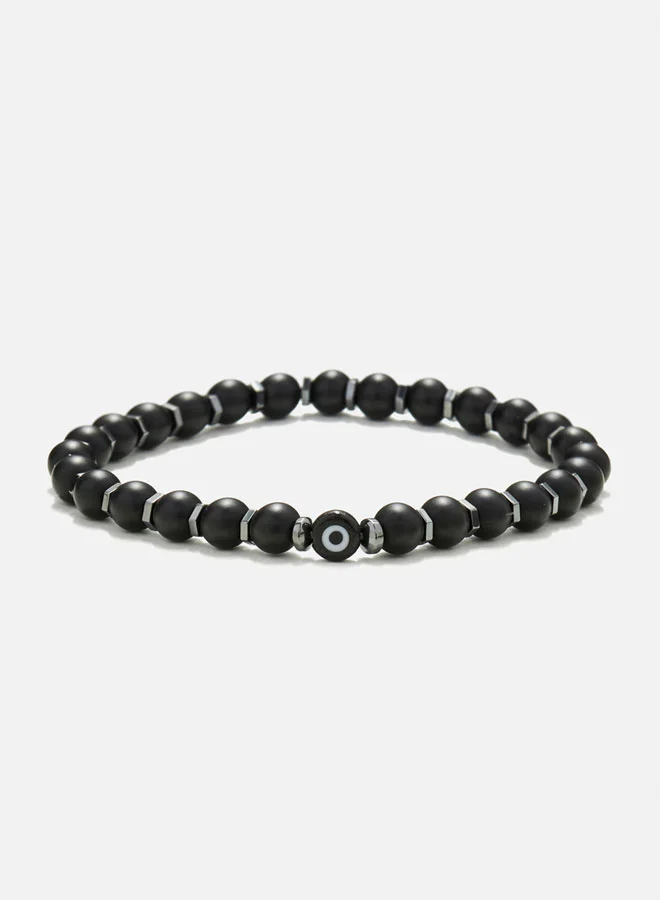 كريسوستوموس Handmade Beaded Onyx and Hematite Bracelet with Black Glass Evil Eye, Silicone Elastic