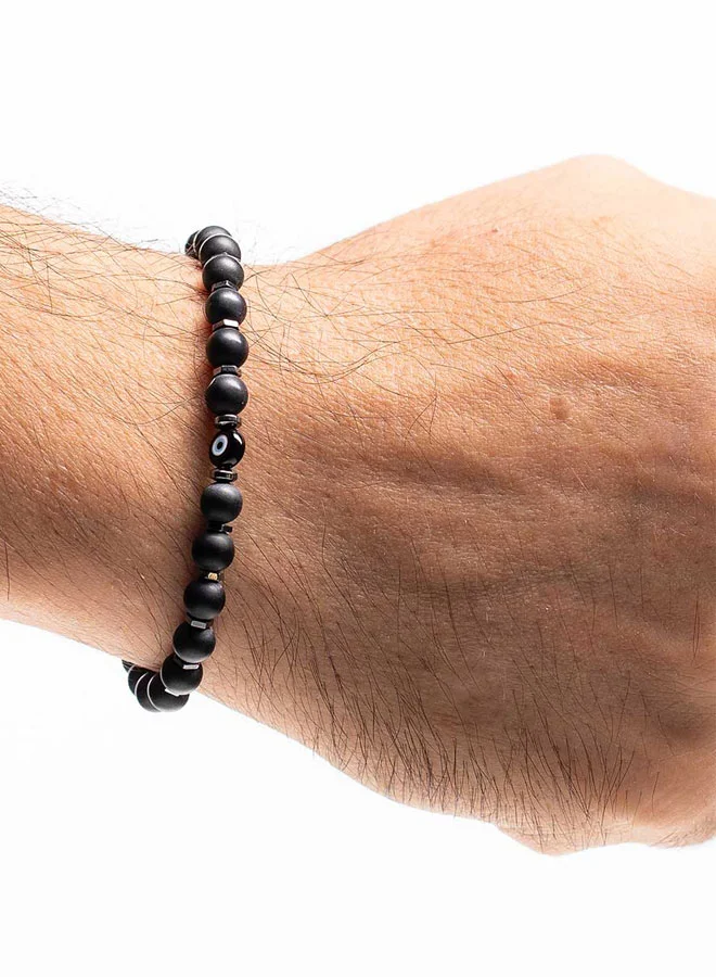 CHRYSOSTOMOS Handmade Beaded Onyx and Hematite Bracelet with Black Glass Evil Eye, Silicone Elastic