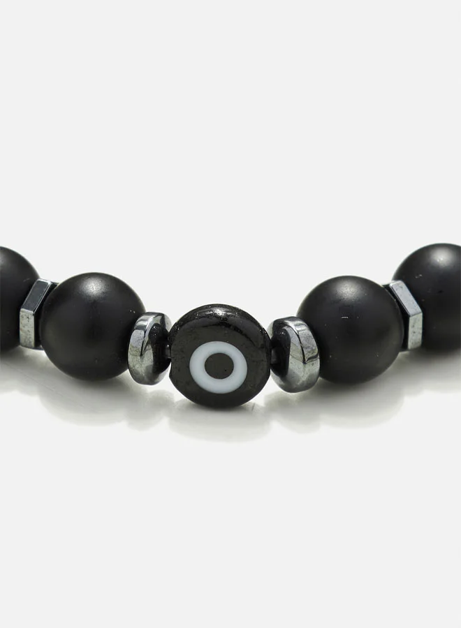 كريسوستوموس Handmade Beaded Onyx and Hematite Bracelet with Black Glass Evil Eye, Silicone Elastic