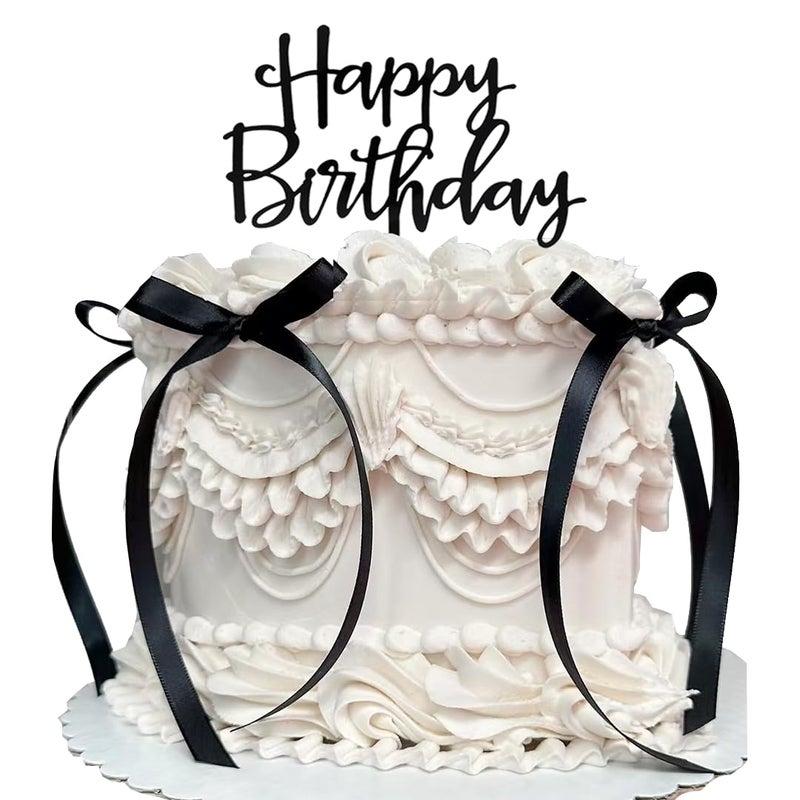 DiDida Bow Cake Topper Ribbion with Happy Birthday sign Coquette Themed Party Black Vintage for Heart Cake Vintage Cake - Image 2