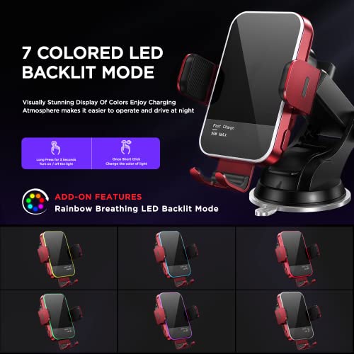 Mosurr Wireless Car Charger,【7 Colored RGB Backlit】Mosurr 15W Auto Clamping Car Charger Phone Mount Holder fit for iPhone 15 14 13 12 Mini Pro Max 11 XR XS, Samsung Galaxy S24 Ultra S23 S22 S21+ Note 20, etc - Image 2