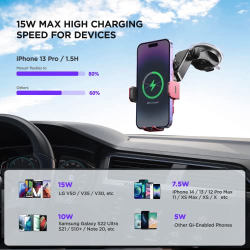 Mosurr Wireless Car Charger,【7 Colored RGB Backlit】Mosurr 15W Auto Clamping Car Charger Phone Mount Holder fit for iPhone 15 14 13 12 Mini Pro Max 11 XR XS, Samsung Galaxy S24 Ultra S23 S22 S21+ Note 20, etc - Image 3