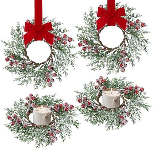 Sggvecsy 4 Pcs Christmas Candle Rings Norfolk Pine Wreath Artificial Red Berries Small Wreaths Table Centerpieces Kitchen Cabinets Pillars Mini Candle Rings for Window Front Door Decor - Image 1