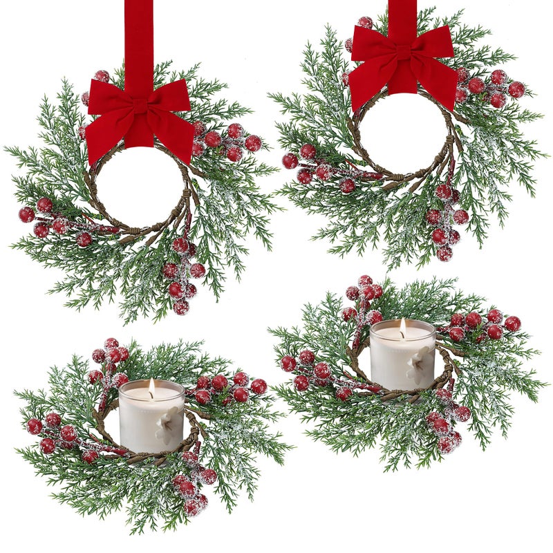 Sggvecsy 4 Pcs Christmas Candle Rings Norfolk Pine Wreath Artificial Red Berries Small Wreaths Table Centerpieces Kitchen Cabinets Pillars Mini Candle Rings for Window Front Door Decor - Image 2
