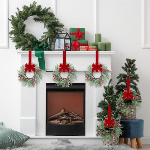 Sggvecsy 4 Pcs Christmas Candle Rings Norfolk Pine Wreath Artificial Red Berries Small Wreaths Table Centerpieces Kitchen Cabinets Pillars Mini Candle Rings for Window Front Door Decor - Image 3