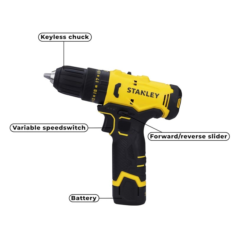 Stanley STANLEY SCH10D2KIN12 VBrushed Cordless Hammer Drill Driver2x2Ah Batteries15A ChargerLED LightVariable Speed Trigger SwitchForwardReverse Button10mm ChuckClutch Setting 2011 Year Warranty  - Image 3