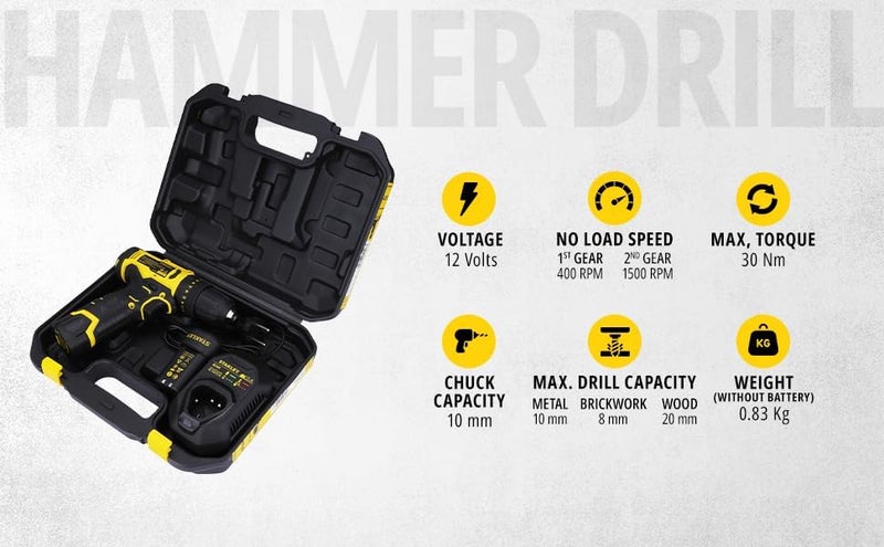Stanley STANLEY SCH10D2KIN12 VBrushed Cordless Hammer Drill Driver2x2Ah Batteries15A ChargerLED LightVariable Speed Trigger SwitchForwardReverse Button10mm ChuckClutch Setting 2011 Year Warranty  - Image 2