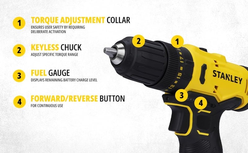 Stanley STANLEY SCH10D2KIN12 VBrushed Cordless Hammer Drill Driver2x2Ah Batteries15A ChargerLED LightVariable Speed Trigger SwitchForwardReverse Button10mm ChuckClutch Setting 2011 Year Warranty  - Image 4