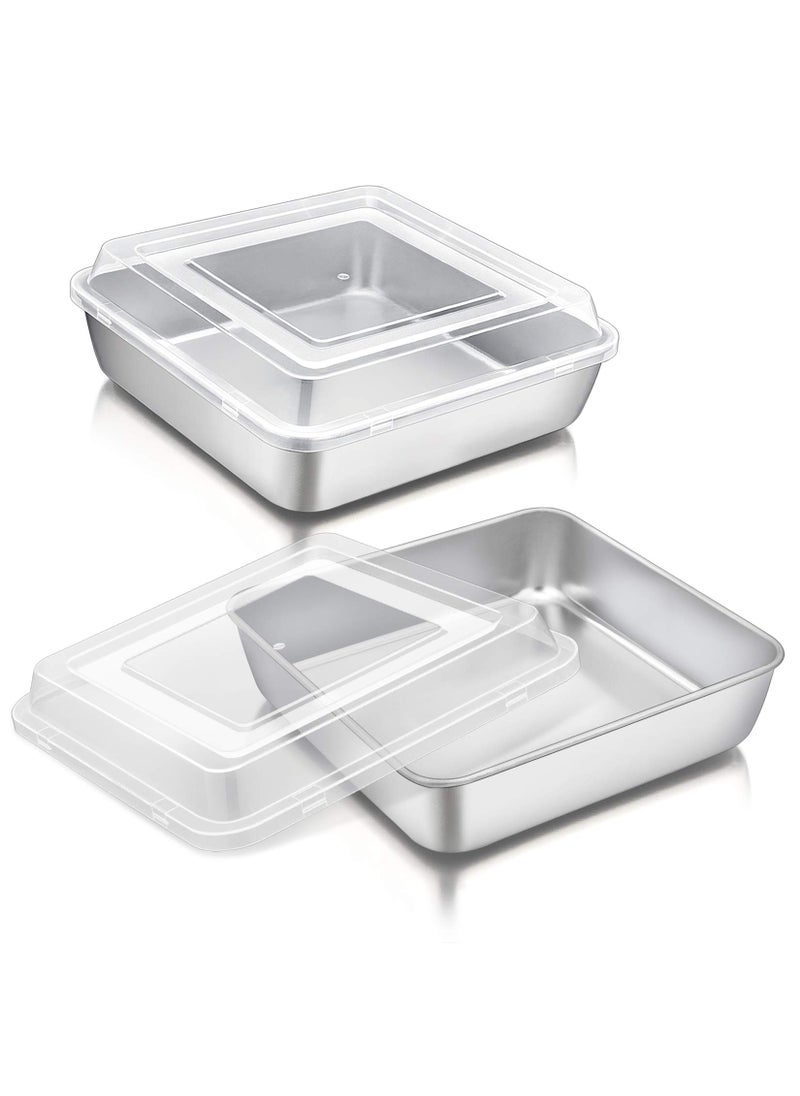 P&P CHEF PP CHEF Square Baking Cake Pan with Lid Stainless Steel Lasagna Brownie Pan and Plastic Cover for Picnic Wedding Birthday Healthy  Sturdy Oven  Dishwasher Safe 8 Inch 4Pcs 