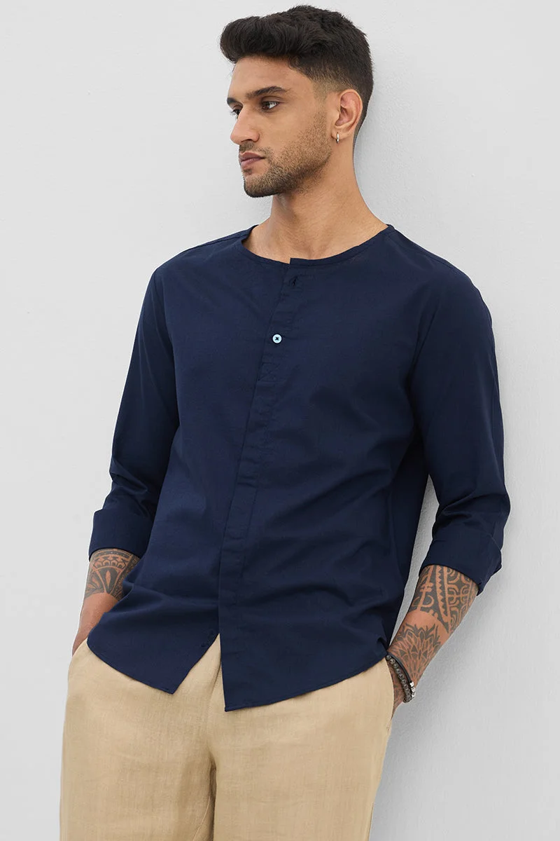 سنيتش Navy Solid Long Sleeve Slim Fit Casual Shirt