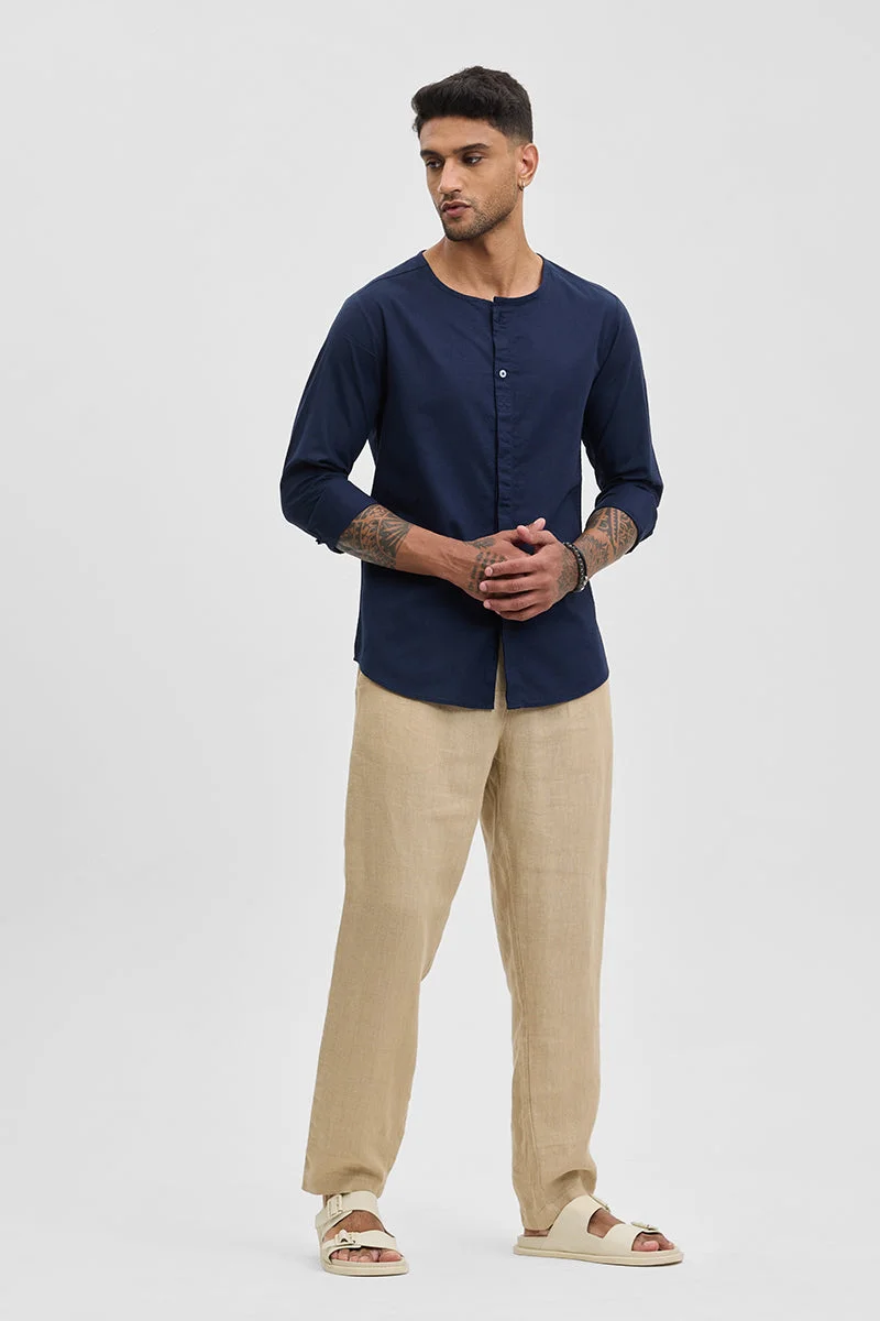 سنيتش Navy Solid Long Sleeve Slim Fit Casual Shirt