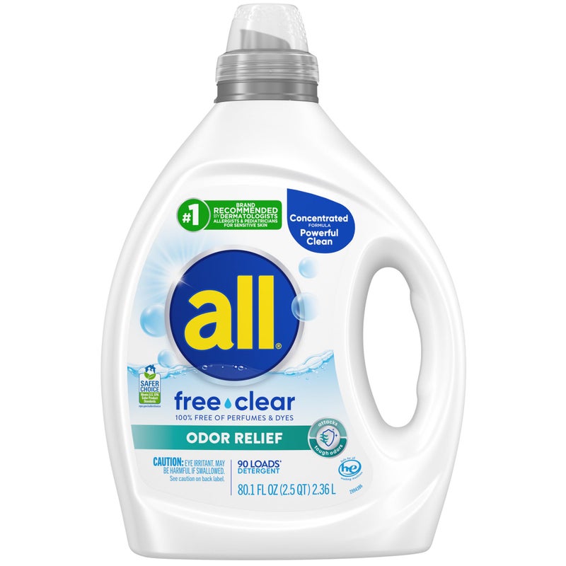 all Laundry Detergent Liquid, Free Clear for Sensitive Skin, Odor Relief, Unscented and Hypoallergenic, 2X Concentrated, 90 Loads - Image 1