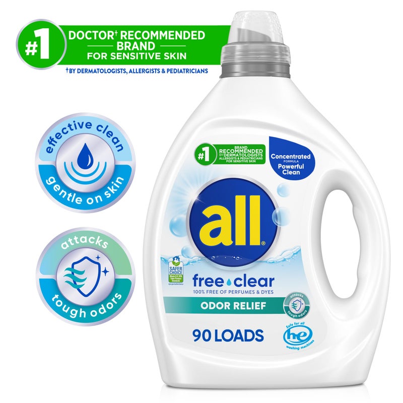 all Laundry Detergent Liquid, Free Clear for Sensitive Skin, Odor Relief, Unscented and Hypoallergenic, 2X Concentrated, 90 Loads - Image 2