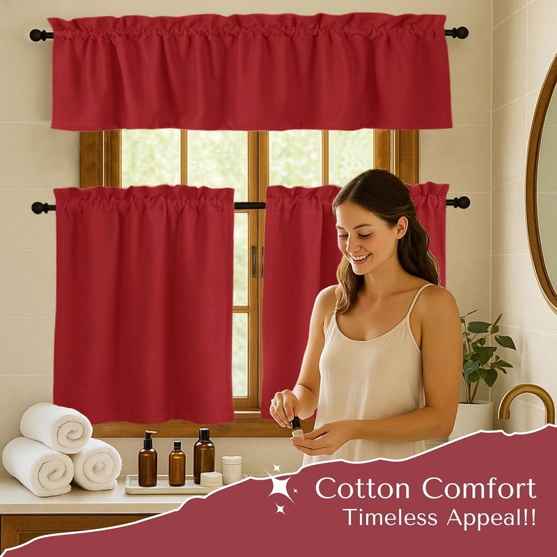 Native Fab 3 Pieces Window Curtain Tiers 26"x36" and Valance 54"x18" Set - Rod Pocket - Semi Sheer - Short Curtain for Kitchen, Bathroom, Living Room - Red - Image 2