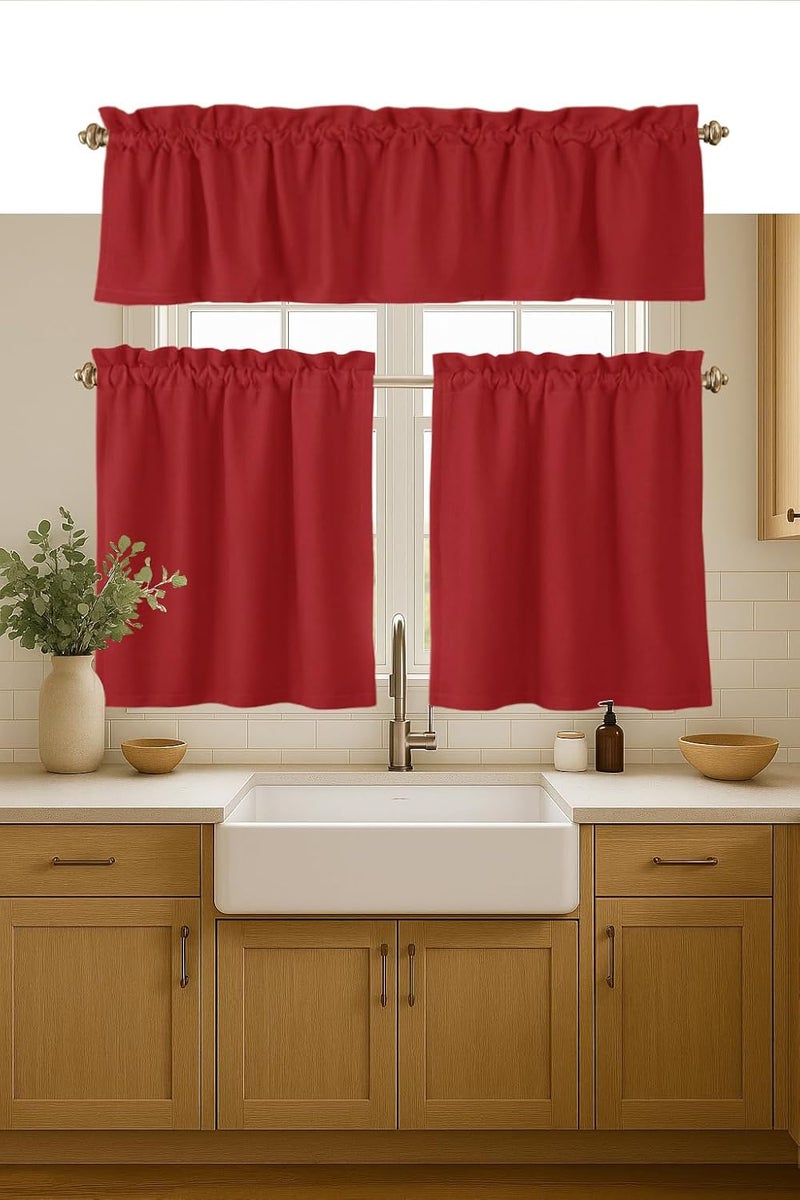 Native Fab 3 Pieces Window Curtain Tiers 26"x36" and Valance 54"x18" Set - Rod Pocket - Semi Sheer - Short Curtain for Kitchen, Bathroom, Living Room - Red - Image 1