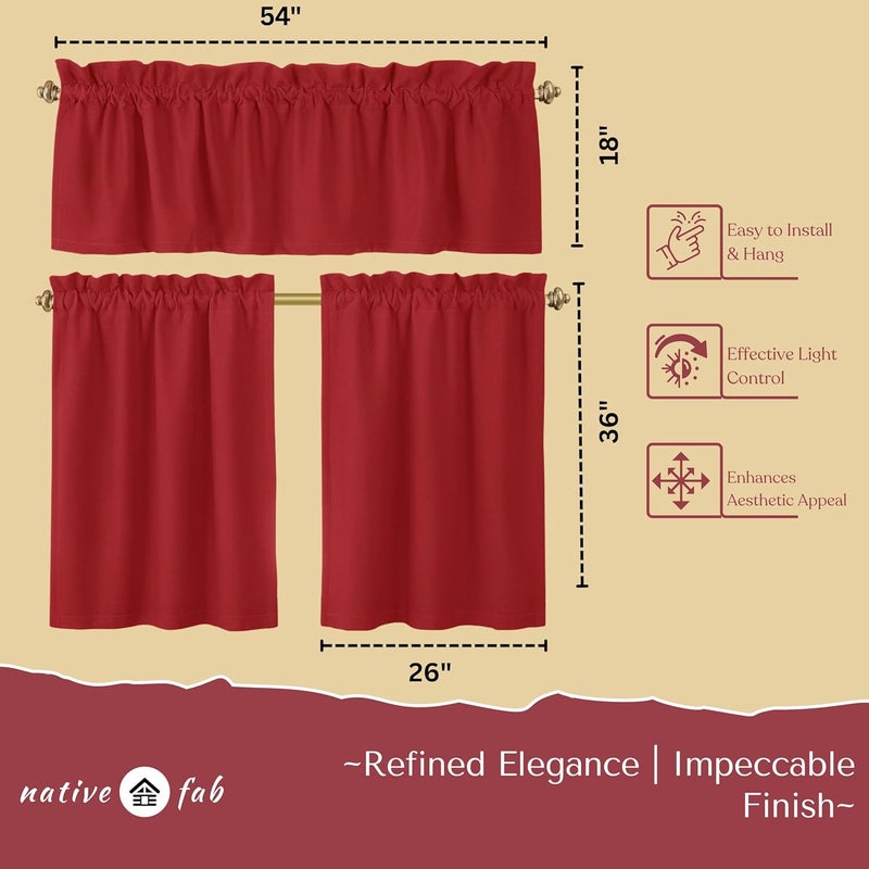 Native Fab 3 Pieces Window Curtain Tiers 26"x36" and Valance 54"x18" Set - Rod Pocket - Semi Sheer - Short Curtain for Kitchen, Bathroom, Living Room - Red - Image 3