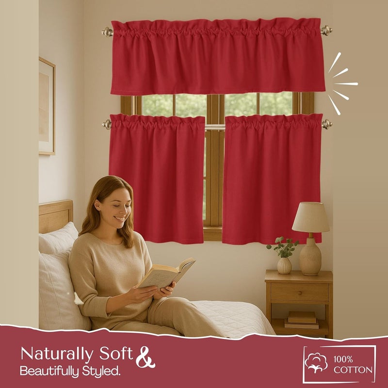 Native Fab 3 Pieces Window Curtain Tiers 26"x36" and Valance 54"x18" Set - Rod Pocket - Semi Sheer - Short Curtain for Kitchen, Bathroom, Living Room - Red - Image 4