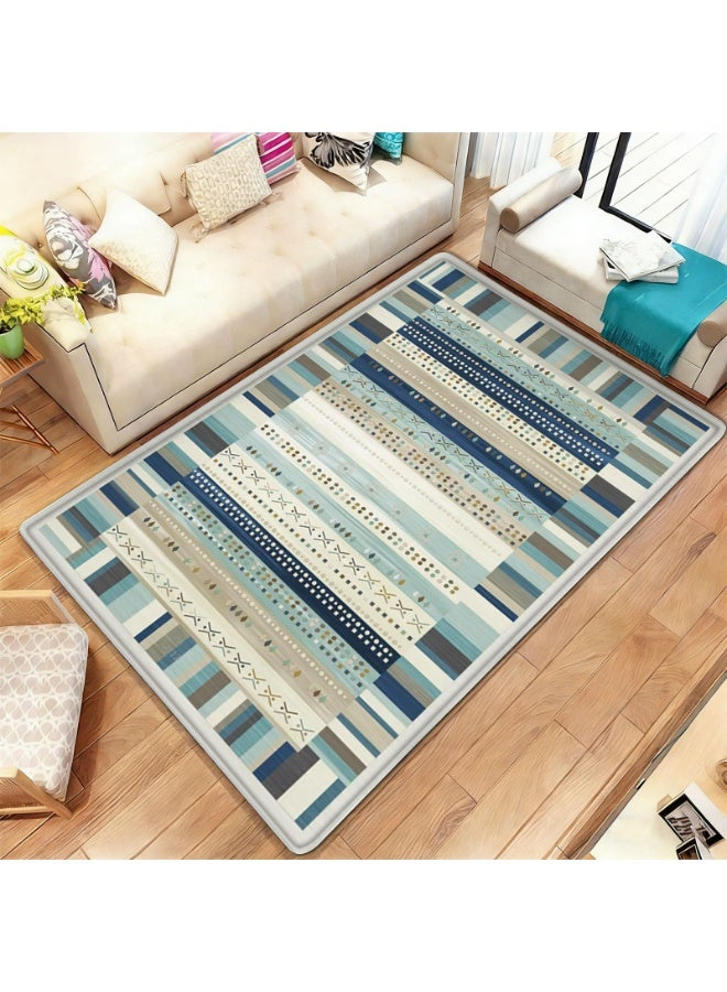 Striped Geometric Pattern Area Rug, Blue & Gray Polyester Mat for Indoor/Outdoor Use - Image 1