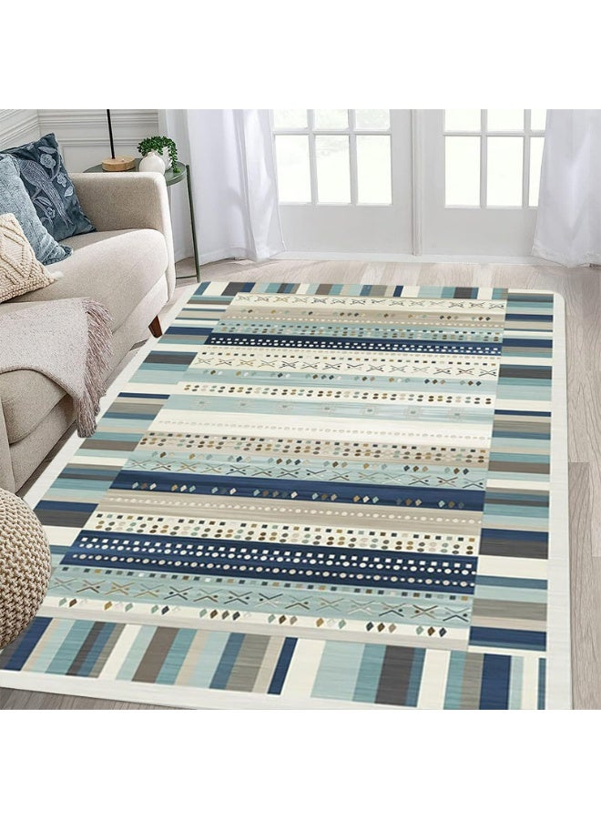 Striped Geometric Pattern Area Rug, Blue & Gray Polyester Mat for Indoor/Outdoor Use - Image 3