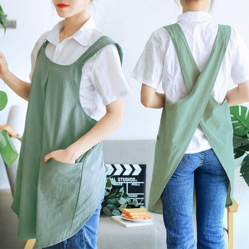 NEWGEM Japanese Linen Cross Back Kitchen Cooking Aprons for Men with Pockets for Baking Painting Gardening Cleaning Light Green - Image 3