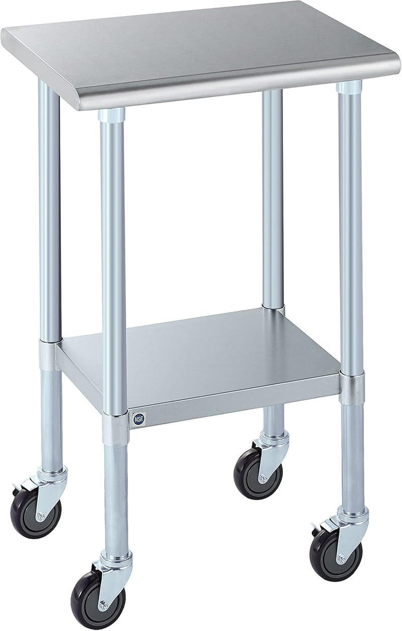 ROCKPOINT Stainless Steel Table for Prep  Work with Caster Wheels 18x24 Inches NSF Metal Commercial Kitchen Heavy Duty Table with Adjustable Under Shelf and Table Foot for Restaurant Home and Hotel