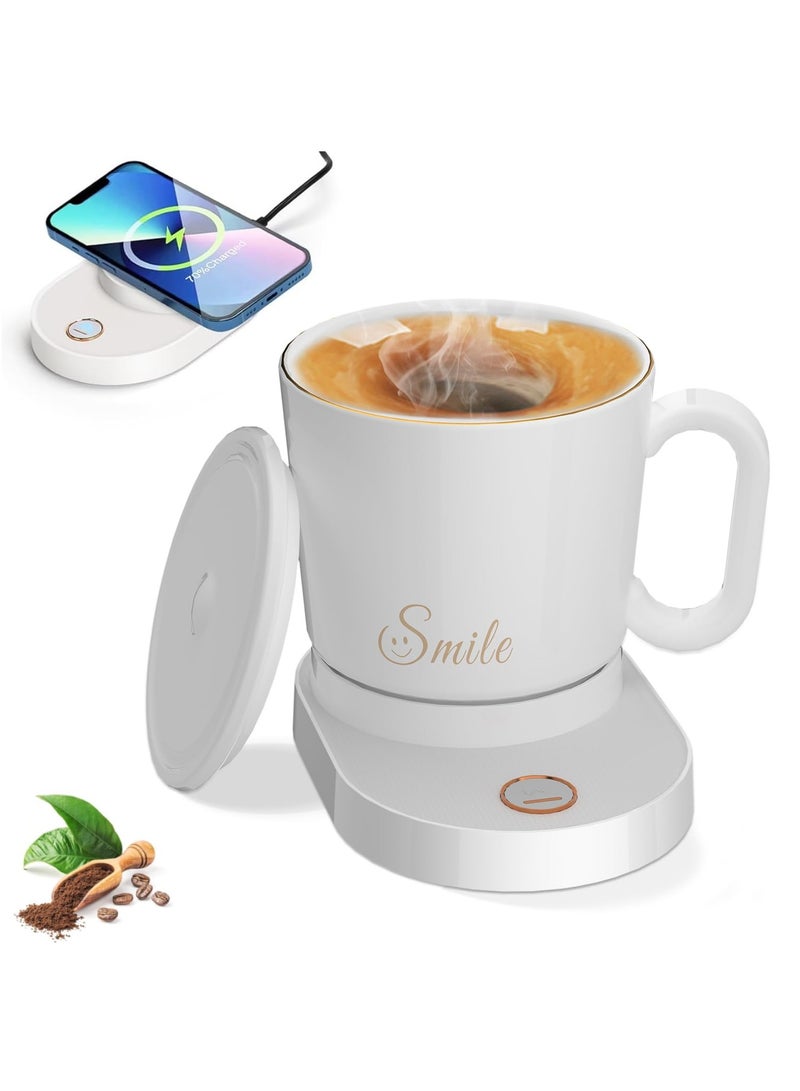 KASTWAVE إبريق قهوة دافئ، إبريق قهوة خلط ذاتي، مجموعة إبريق قهوة دافئ، إبريق ذكي، إبريق تحكم في درجة الحرارة مع شاحن لاسلكي للمكتب، المنزل، المكتب، 10.5 أونصة إبريق قهوة كهربائي رائع (أبيض) - Image 1