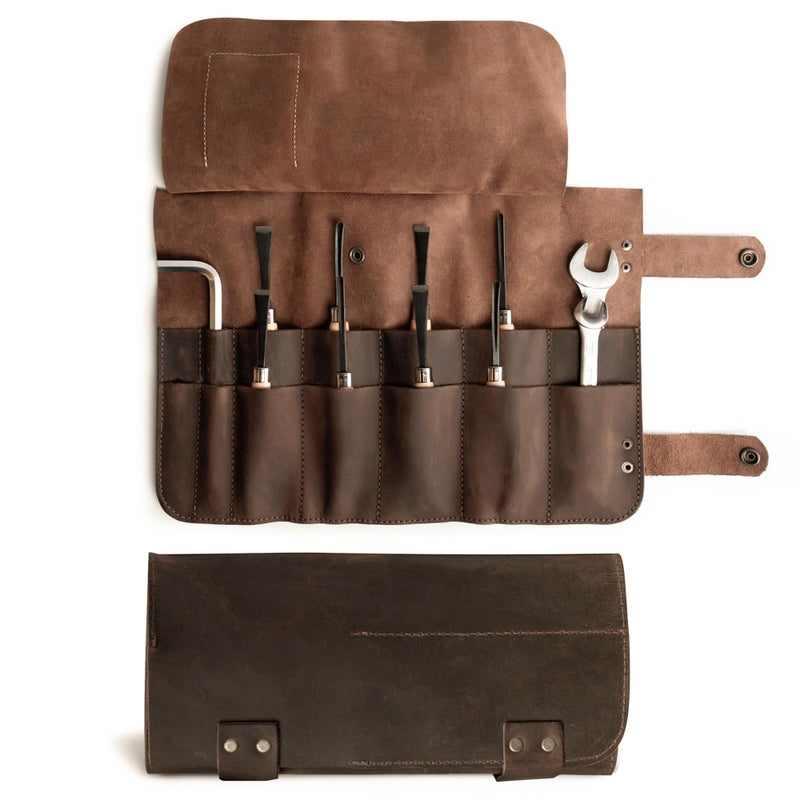 Hide & Drink Hide Drink Leather Snap Tool Roll Up Bag 14 Slots Portable Carry Case for Barbers Salon Storage Organizer Pouch Classic Vintage Style Handmade Bourbon Brown