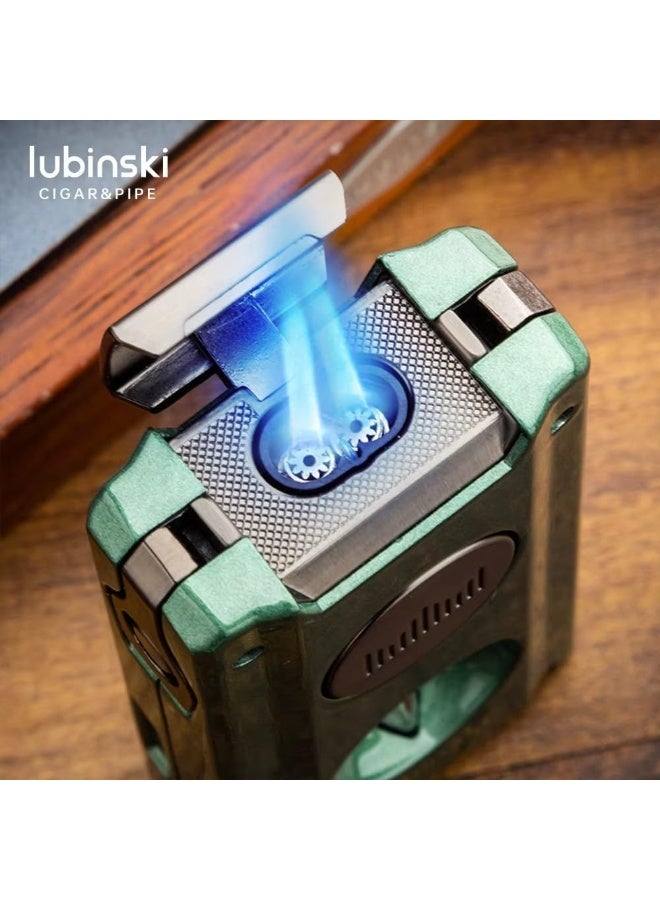 Lubinski 2 Jet Flame Cigar Lighter Refillable Metal Windproof Lighter with Needle Tool & Fuel Window, Outdoor Lighter for BBQ, Camping Grey (Without Gas) - Image 2