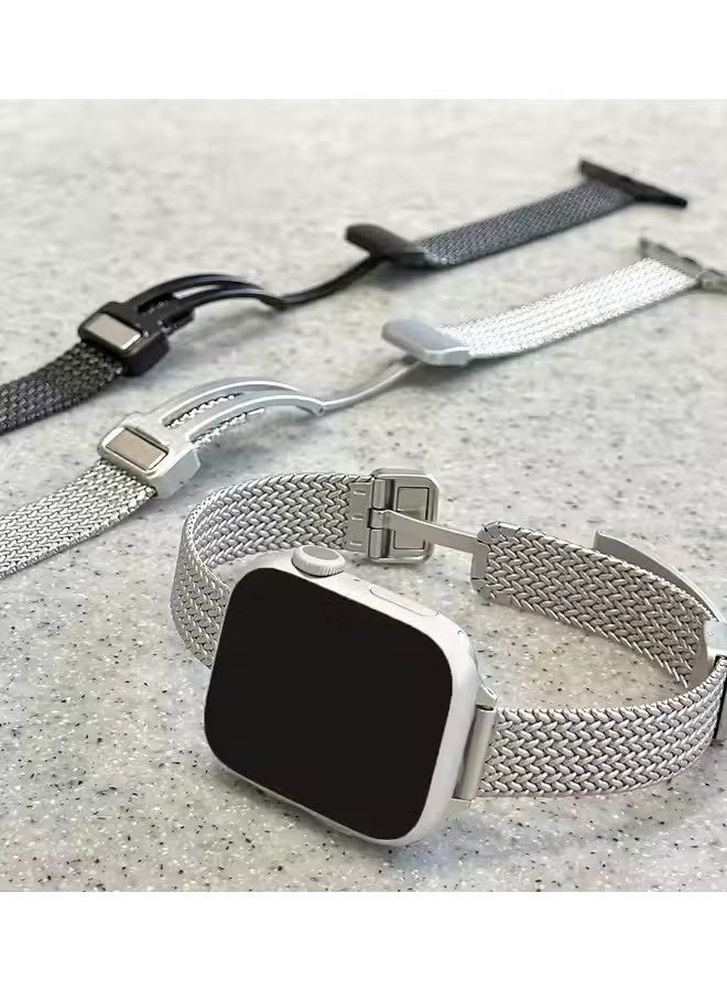 سوار ساعة أبل متوافق مع مقاسات 42 مم، 44 مم، 45 مم، 49 مم، للرجال والنساء، سوار معدني مغناطيسي من الفولاذ المقاوم للصدأ متوافق مع ساعات أبل من السلسلة 10، 9، 8، 7، 6، 5، 4، 3، 2، 1، SE، ستارلايت (فضي). - Image 3