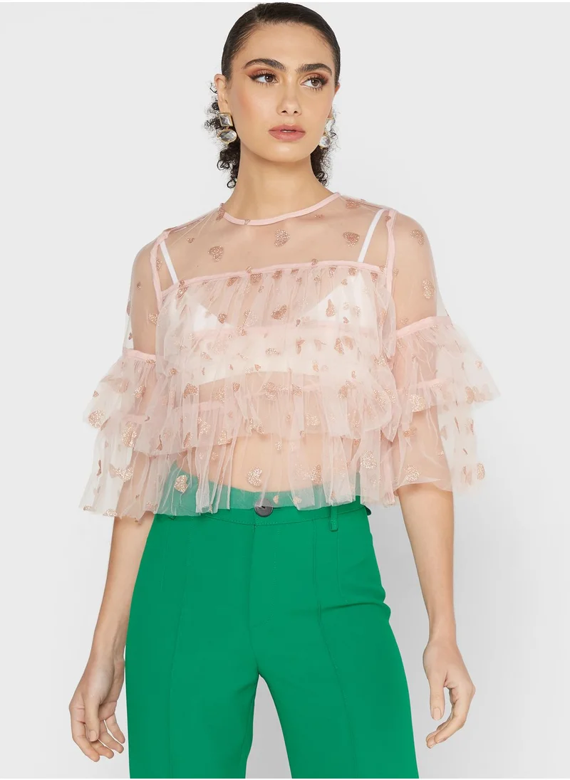 sister jane Round Neck Ruffle Detail Top