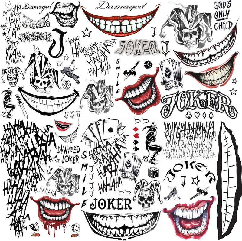 COKTAK 6 Sheets Joker Temporary Tattoos For Men Women Halloween Makeup Kit Cosplay Costume 3D Halloween Face Tattoos Prison Prisoner Inmate Gothic Rapper Gothic Fake Clown Joker Tattoos Sticker