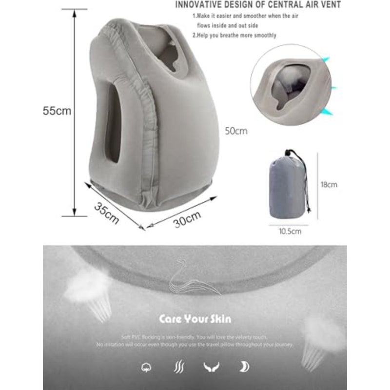 Air-plane Inflatable Travel Pillow, Multi-functional Inflatable Cushion Comfortable Huggable Travel Pillow, Support Head and Lumbar, Used for Airplane, Car, Bus and Office Grey - Image 3