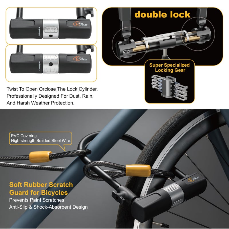 Via Velo Bike U Lock with Cable - Via Velo Heavy Duty Bicycle U-Lock,14mm Shackle and 10mm x1.8m Cable with Mounting Bracket for Road, Mountain, Electric & Folding Bike - Image 3