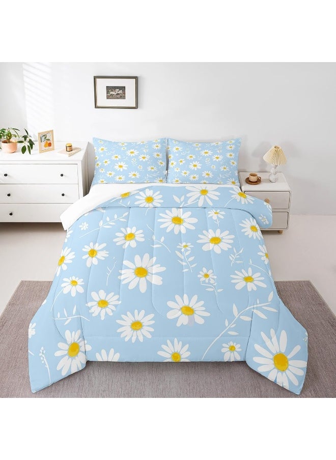 Generic Manfei Daisy Comforter Set Full Size, White Flower Leaves Bedding Set 3pcs for Kids Boys Girls Bedroom Decor, Botanical Garden Artwork Quilt Set Soft Polyester Duvet Set with 2 Pillowcases  - Image 1