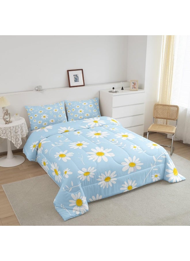 Generic Manfei Daisy Comforter Set Full Size, White Flower Leaves Bedding Set 3pcs for Kids Boys Girls Bedroom Decor, Botanical Garden Artwork Quilt Set Soft Polyester Duvet Set with 2 Pillowcases  - Image 3