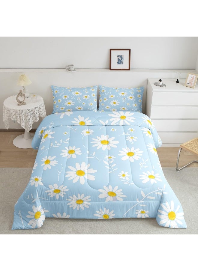 Generic Manfei Daisy Comforter Set Full Size, White Flower Leaves Bedding Set 3pcs for Kids Boys Girls Bedroom Decor, Botanical Garden Artwork Quilt Set Soft Polyester Duvet Set with 2 Pillowcases  - Image 2