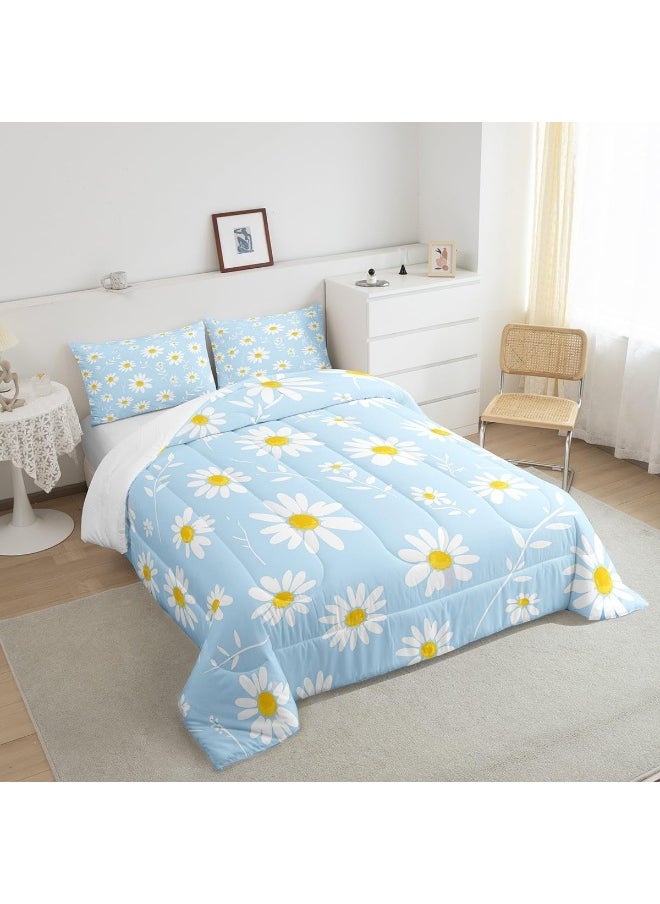 Generic Manfei Daisy Comforter Set Full Size, White Flower Leaves Bedding Set 3pcs for Kids Boys Girls Bedroom Decor, Botanical Garden Artwork Quilt Set Soft Polyester Duvet Set with 2 Pillowcases  - Image 5
