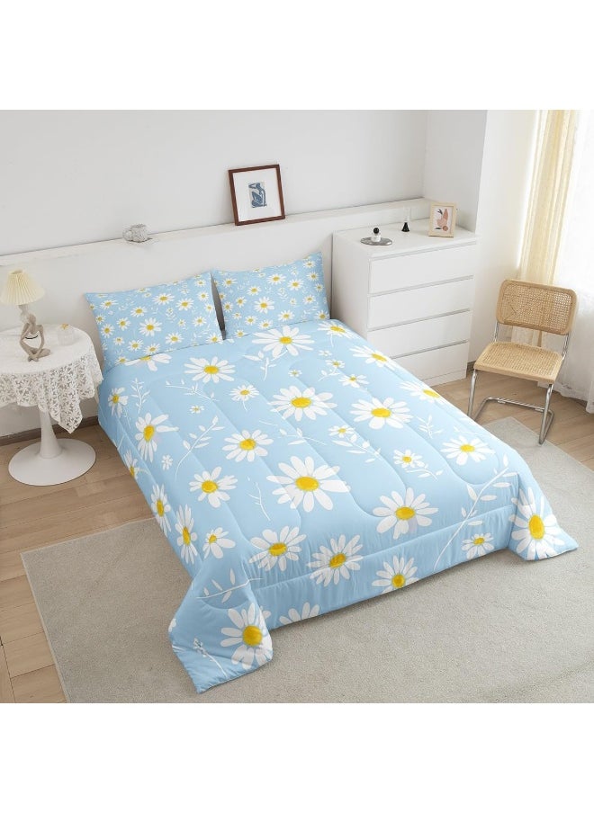 Generic Manfei Daisy Comforter Set Full Size, White Flower Leaves Bedding Set 3pcs for Kids Boys Girls Bedroom Decor, Botanical Garden Artwork Quilt Set Soft Polyester Duvet Set with 2 Pillowcases  - Image 4