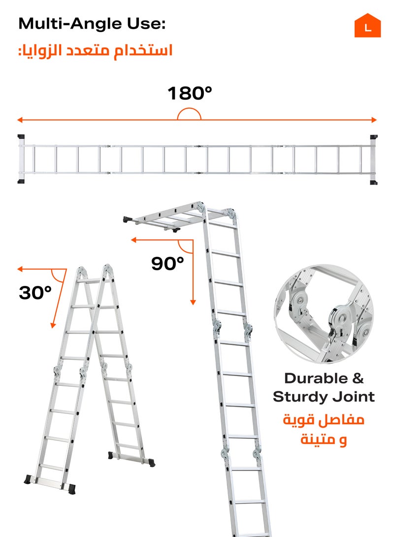 لوازم سلم قابل للطي - 4.7 متر - سلم خفيف الوزن وقابل للتعديل يمكن استخدامه كسلم عادي، سلم طويل، سلم مستقيم للحائط، أو وضع مسطح للعمل، مزود بقواعد مانعة للانزلاق وأقفال أمان - مناسب للاستخدام في المنزل، الدهان، التنظيف، الاصلاحات المنزلية، والصيانة الداخلية والخارجية.  - Image 4