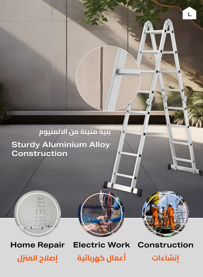 لوازم سلم قابل للطي - 4.7 متر - سلم خفيف الوزن وقابل للتعديل يمكن استخدامه كسلم عادي، سلم طويل، سلم مستقيم للحائط، أو وضع مسطح للعمل، مزود بقواعد مانعة للانزلاق وأقفال أمان - مناسب للاستخدام في المنزل، الدهان، التنظيف، الاصلاحات المنزلية، والصيانة الداخلية والخارجية.  - Image 5