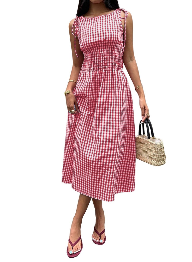 Acelitt Summer Maxi Dresses for Women 2026 Smocked Waist Gingham Dress Flowy A Line Beach Long Sun Dress with Pockets Vacation Outfits Red 2X-Large - Image 5