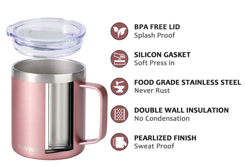 SUNWILL Travel Coffee Mug with Lid, Insulated Tumbler with Handle, 14 oz Stainless Steel Cup for Ice, Water, Tea, Rose Gold - Image 2