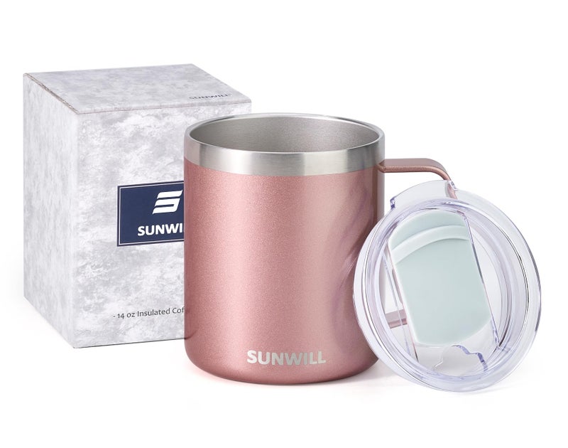 SUNWILL Travel Coffee Mug with Lid, Insulated Tumbler with Handle, 14 oz Stainless Steel Cup for Ice, Water, Tea, Rose Gold - Image 5